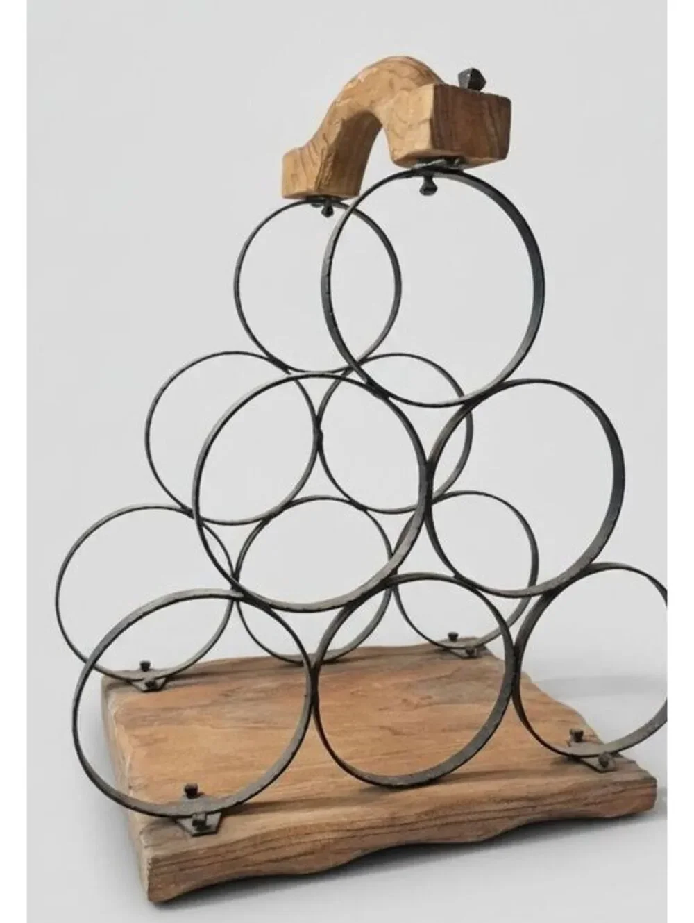 Vintage Rustic Wood & Black Iron Tabletop 6 Bottle Handled Wine Rack 7.5